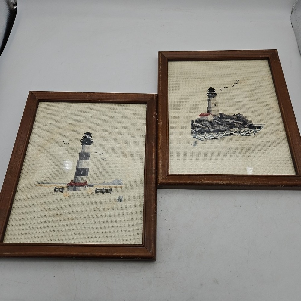 Vintage Lighthouse‎ Cross Stitch Framed Pictures Handmade 80s Set Of 2